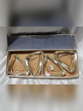 Rare Vtg Set of 4 Bohemian Crystal Glass Triangular Ashtrays Czechoslovakia